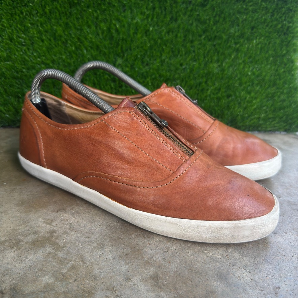 Vintage Y2K Frye Leather Zip Front Slip On Sneaker Cognac Tan Shoes 9.5